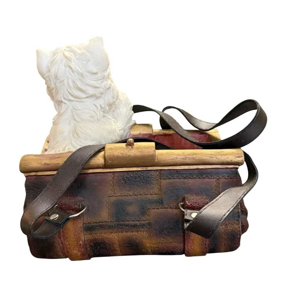 Vintage Westie Dog Purse Planter Resin Basket Faux Leather Handles Terrier Decor